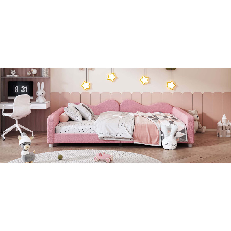 Lit de jour double rembourré avec lit gigogne, conception à dossier en nuage, prêt pour le matelas et aucun sommier tapissier requis.