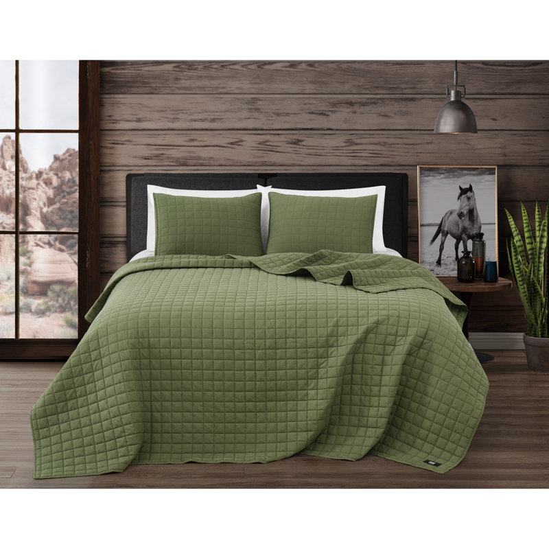 Frye Vintage Washed Cotton 3 Piece Quilt Set, Green, King Quilt + 2 Shams
