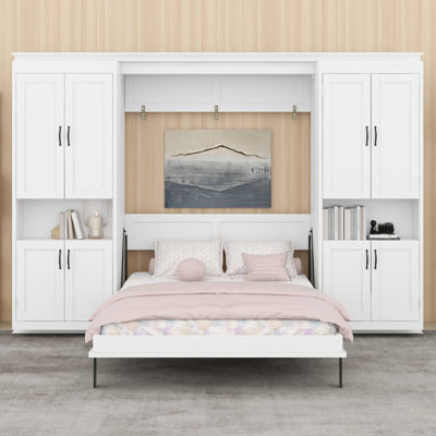 Lit escamotable avec armoires de rangement coulissantes doubles, conception de lit mural caché, deux tablettes latérales à 6 niveaux, système de lit mural à grande capacité pour des maisons modernes et multifonctionnelles