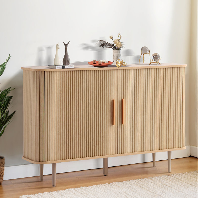 47" Sideboard Buffer Cabinet with Fluted Slide Doors, Tambour Storage Cabinet with Adjustable Shelves, Natural