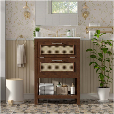 Meuble-lavabo avec lavabo intégré en céramique, meuble-lavabo avec 1 tiroir profond, 1 tiroir basculant, meuble-lavabo simple pour salle de bain de petite et moyenne taille