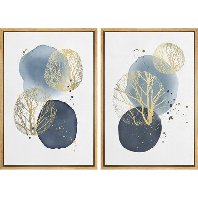 " Blots With Gold Plant Silhouette Abstract Shapes Illustrations " 2 - Pieces Painting Print