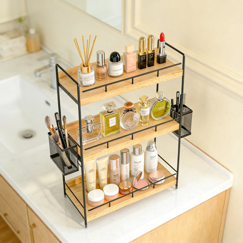 Organisateur de comptoir de salle de bain à 3 niveaux avec paniers, meuble-lavabo polyvalent et tablette de comptoir pour le maquillage, les soins de la peau et les essentiels