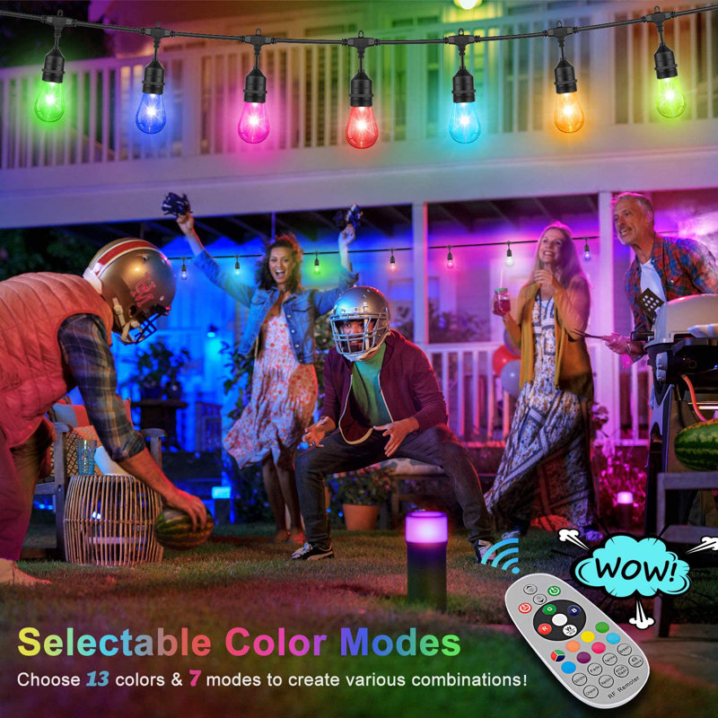 Hanjun 48ft Outdoor String Light with 15 Bulbs Music-Synced Colour Changing and Remote Control