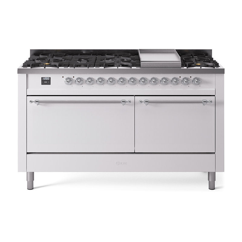 ILVE Nostalgie II 60 in Dual Fuel Range, 9 Burner, Griddle, White/Chrome, Liquid Propane