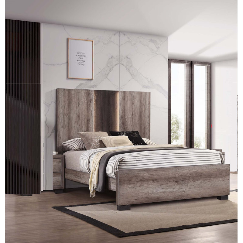 Panel LED Light Headboard Bed 1pc(Only Bed), Brown, King
