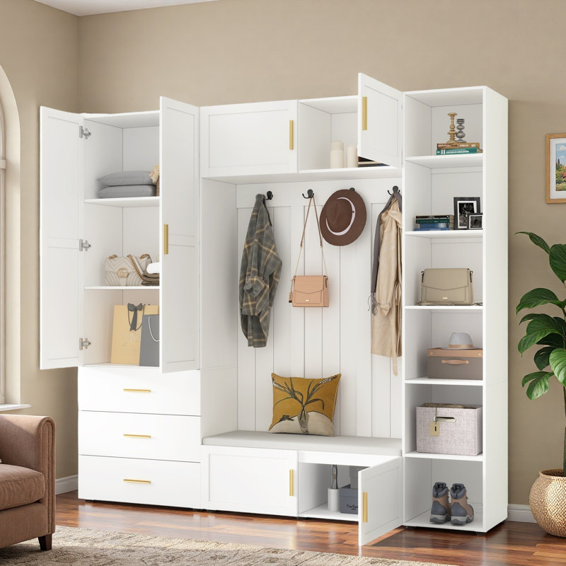 4-in-1 Hall Tree With Padded Bench, 4 Hooks, 3 Drawers And Adjustable Storage Shelves, Ancient White