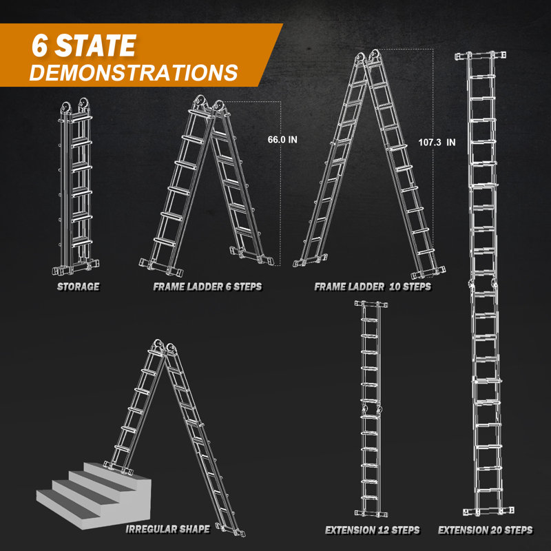 A Frame 6 Step Ladder Extension Ladder, 22 Ft Multi Position Ladder & Removable Tool Tray with Stabilizer Bar, 330 lbs Weight Rating Telescoping Ladder for Household or Outdoor Work