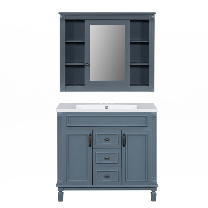 Meuble-lavabo 36 po avec lavabo supérieur et armoire à miroir, Bleu, Noir
