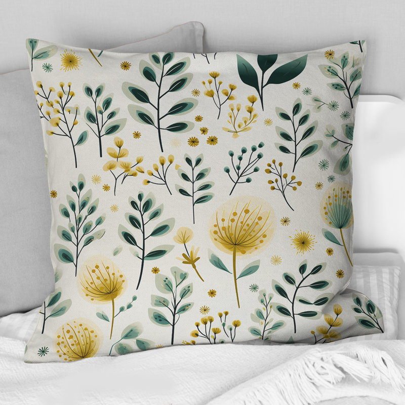 Coussin Minimaliste vert et jaune à motif floral Botanics II, H 16 po x l 16 po