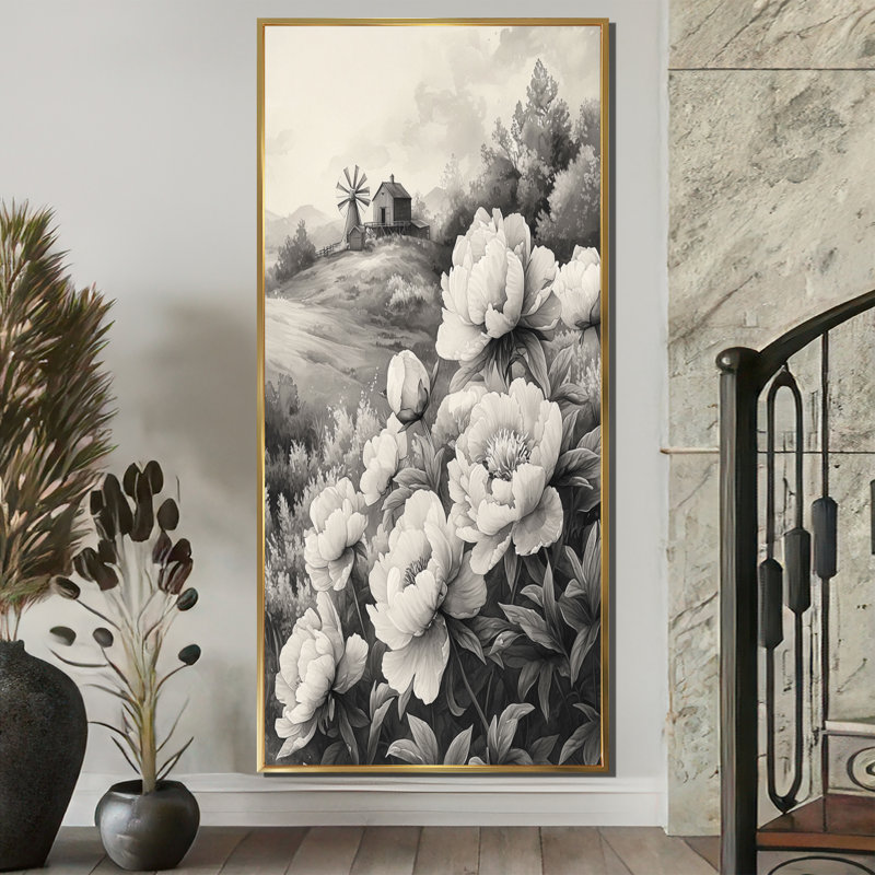 Edmundson, pivoines monochromes et moulin à vent I - pivoines, art mural, H 60 po x l 28 po, Reproduction avec cadre flottant