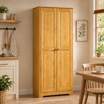 67" Pinewood Kitchen Pantry Storage Cabinet, Freestanding Cabinets with Doors and Shelf Adjustability, Soft-Close Mechanism, Living Room  Dining Room
