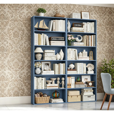 6-Tier Open Bookcase Set of 2, Freestanding Tall Display Shelf for Bedroom Living Room Office, Blue