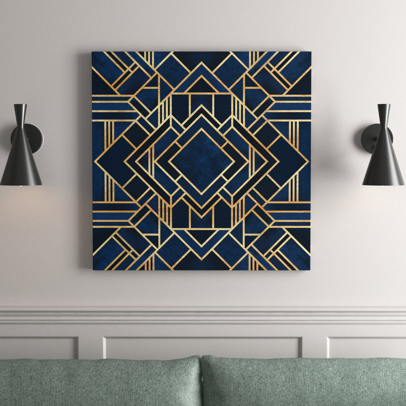 Art Deco III by Elisabeth Fredriksson - Print on Canvas, 66.04 cm H x 66.04 cm W x 1.91 cm D, Wrapped Canvas, Dark Blue/Gold