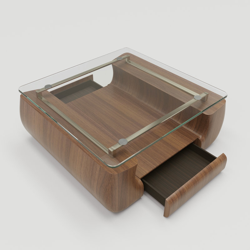 42.52" Square Wood & Glass Coffee Table with Drawer
