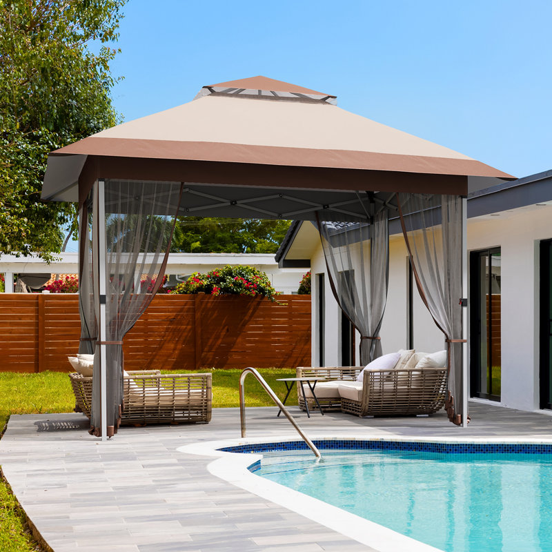 10X10 ft Instant Pop-Up Gazebo - Modern Waterproof Canopy Tent with Mosquito Netting & Sidewalls, Brown