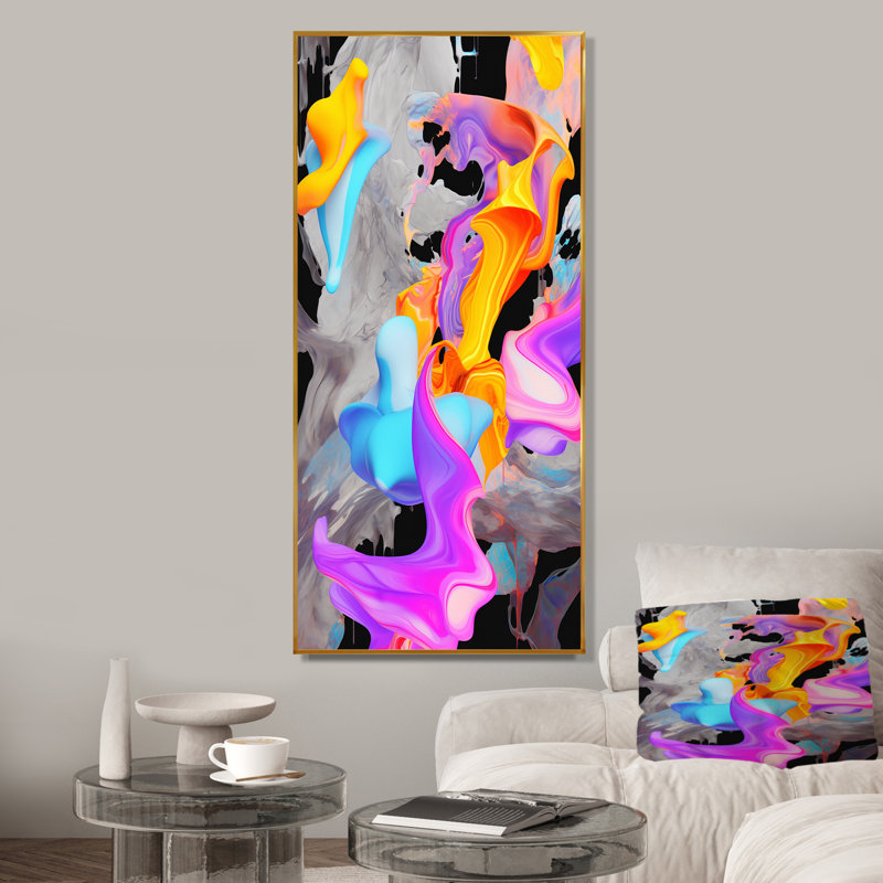 Peinture rose et bleue Fusion III - Art mural abstrait, Cadre flottant doré, H 20 po x l 12 po x P 1 po
