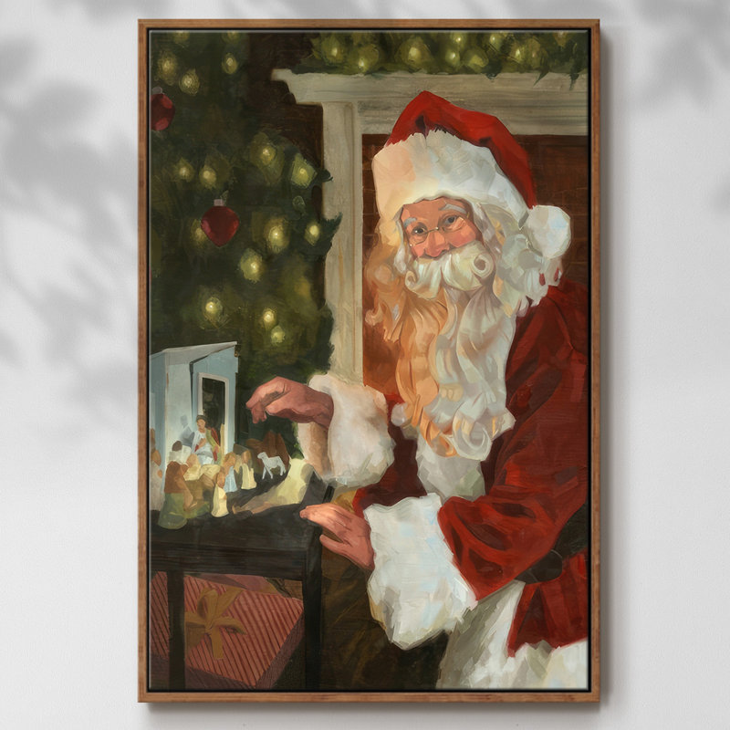 Saint Nick et la Nativité, reproduction d'art sur toile, H 37 po x l 25 po x P 1,5 po, Cadre flottant noyer