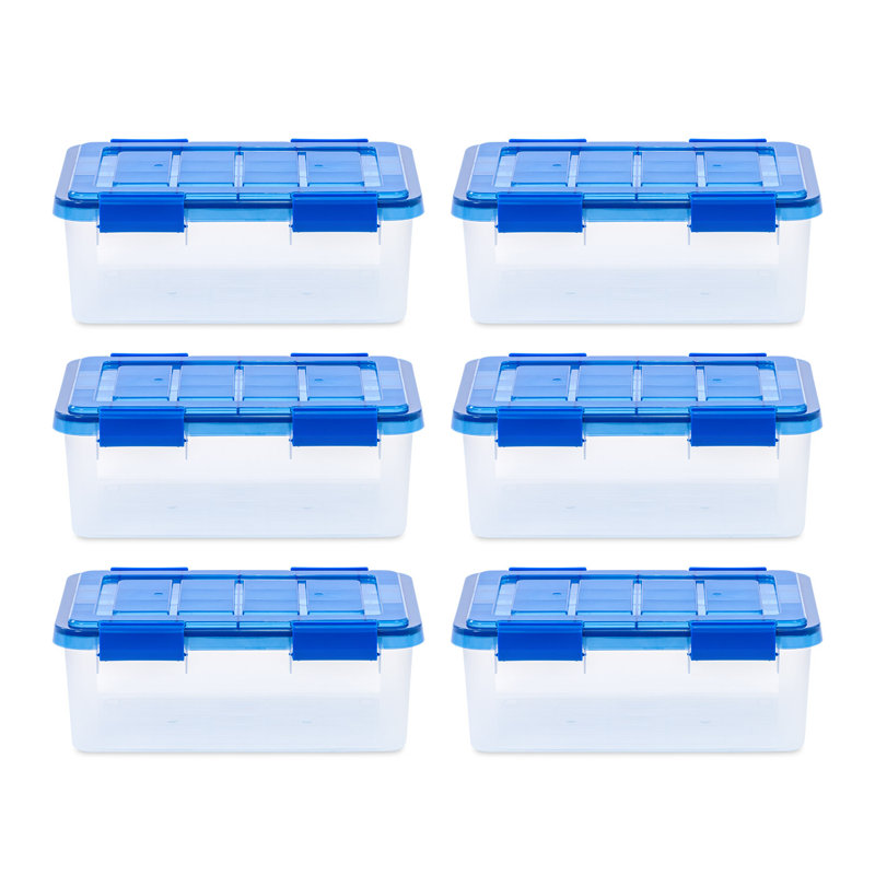 16 Quart Clear Plastic Stackable Storage Boxes with Blue Lids, Pack of 6