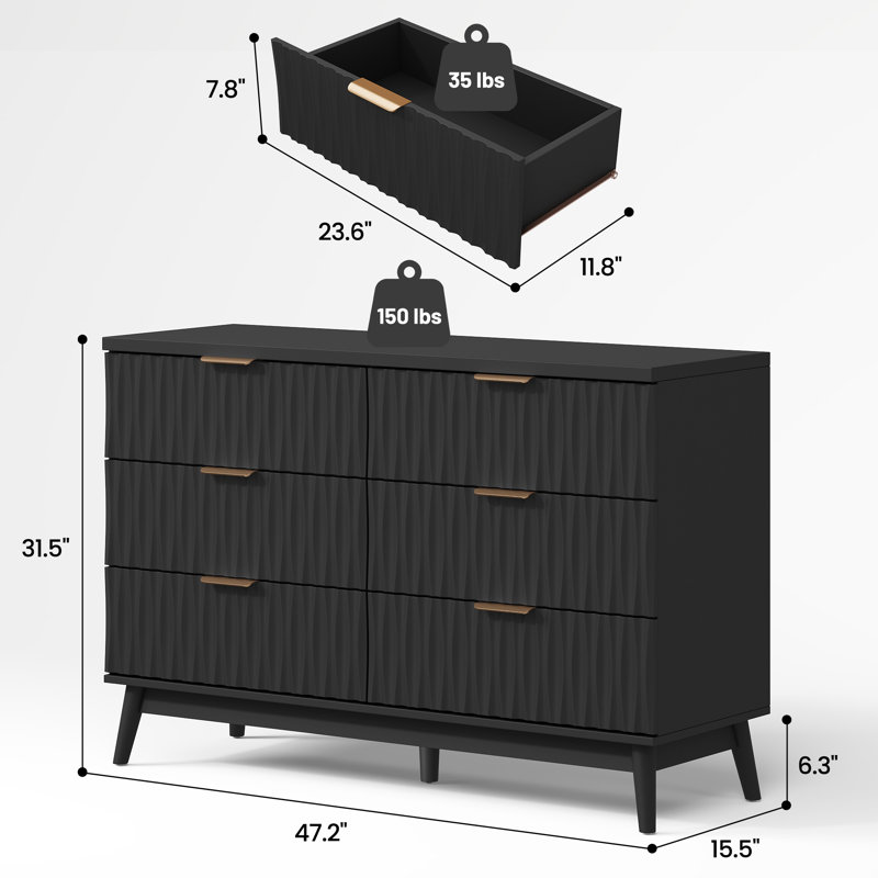 Adkins 6 - Drawer Double Dresser, 47.2" W Fluted Design Wood Wide Chest Of Drawers, Black