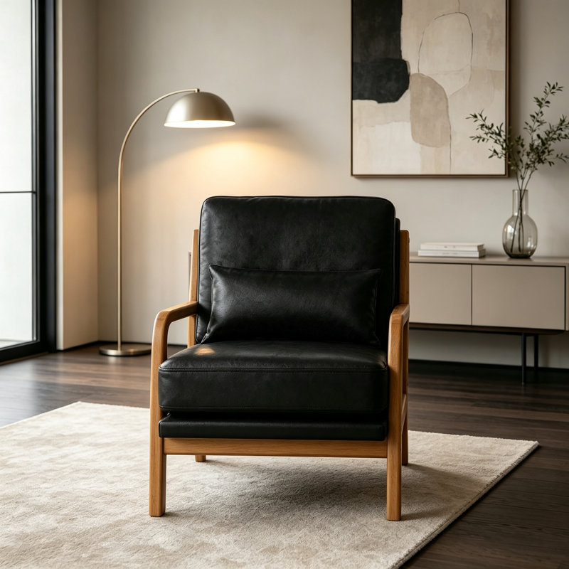 Chaise longue en bois, Black Faux Leather