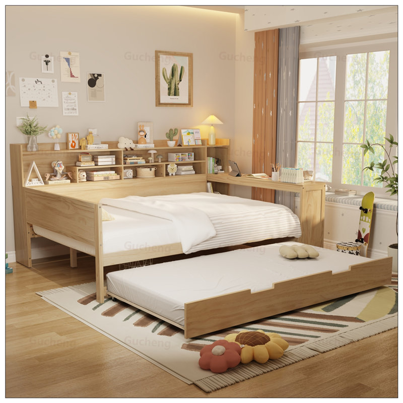 Lit de jour multifonctionnel à tablettes avec lit gigogne et bureau intégré, parfait pour économiser de l'espace et une utilisation polyvalente dans n'importe quelle chambre à coucher.