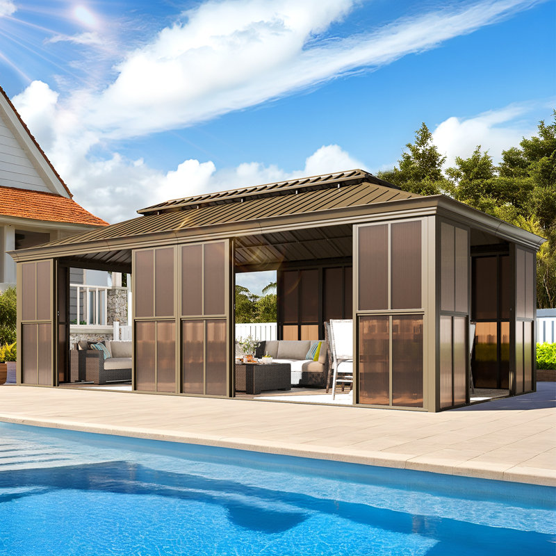 Pavillon de jardin 12 'x 24', véranda entièrement fermée avec portes coulissantes verrouillables, pavillon de jardin à toit double en acier galvanisé, solarium de patio à cadre en aluminium pour la cour arrière