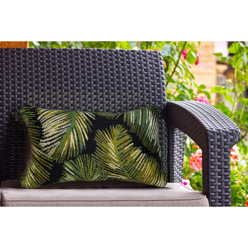 Black and Green Palm Leaf Indoor/Outdoor Throw Pillow