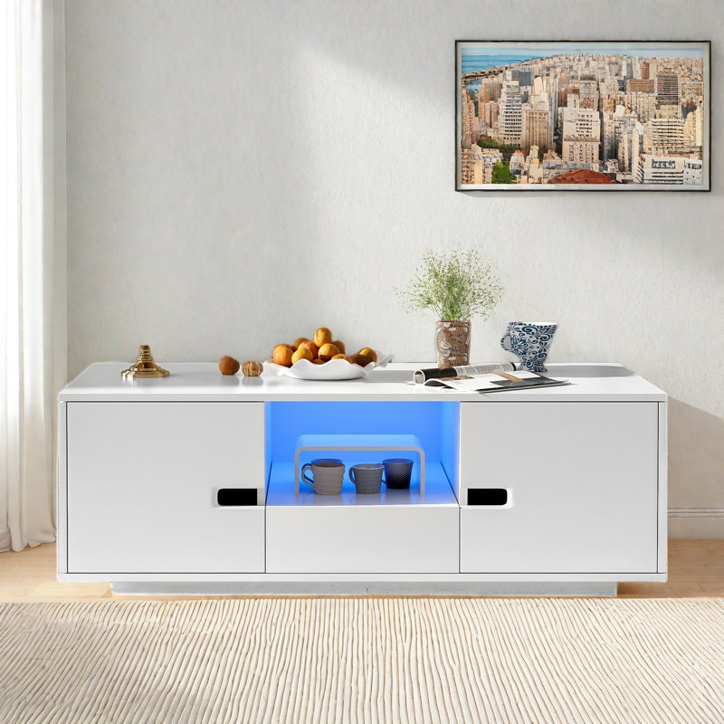 Modern High Glossy Rectangle Coffee Table With 2 Cabinets, One Drawer, 16 Colour Led Lights And An Open Shelf, White