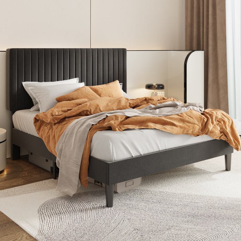 Velvet Upholstered Platform Bed With Adjustable Vertical Channel Tufted Headboard, Black, Queen