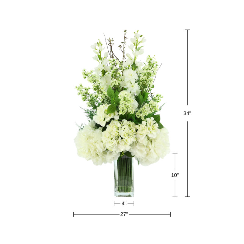Delphinium, Hydrangea and Fern Floral Arrangement in Tall Glass Vase
