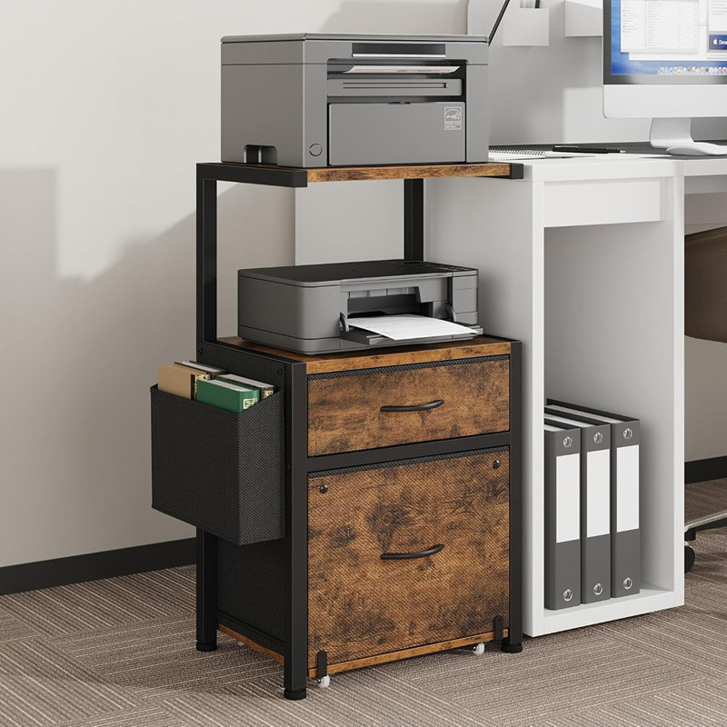 Classeur à dossiers suspendus avec tiroirs en tissu et support pour imprimante, solution de rangement de bureau, brun rustique