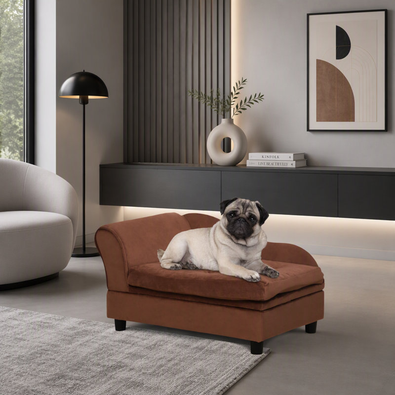 Sofa pour animaux de compagnie avec dossier, rangement dissimulé et coussin, Brun