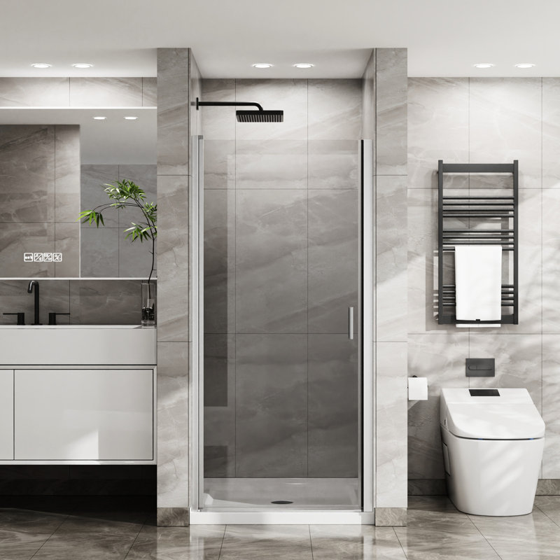 Porte de douche de 34 po x 72 po avec base blanche de 35,4 po, aluminium, verre trempé de 1/4 po, base en acrylique au design résistant et porte pivotante, balançoire Space 90