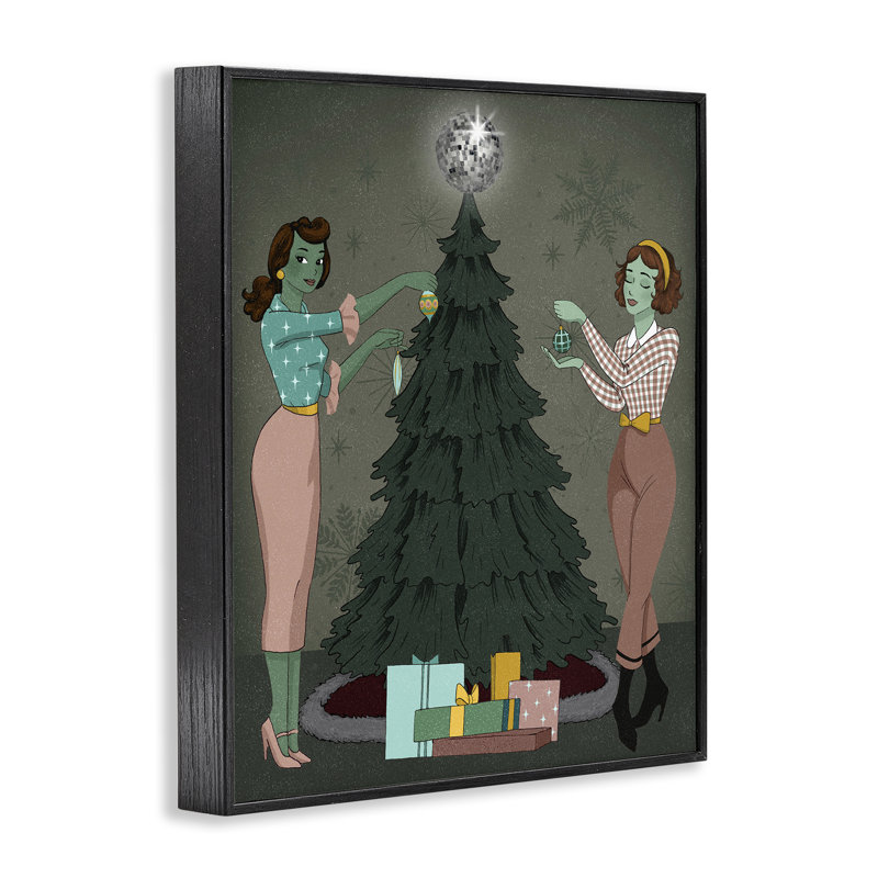 Filles et arbre de Noël, estampe numérique par Grace Popp, Giclée encadrée noir minuit, H 30 po x l 24 po