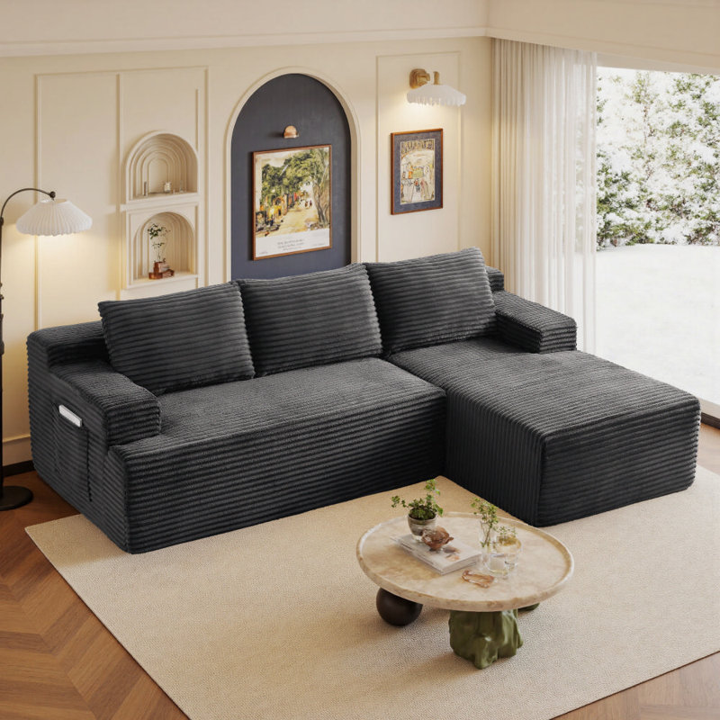 Canapé modulaire en forme de L de 96 po pour canapé modulaire Boneless, Velours côtelé gris foncé, Face à la droite