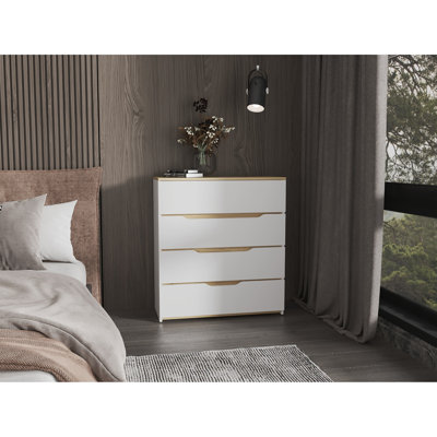 Asheboro California Style Dresser, With Four Spacious Drawers, Countertop and accents are Light Oak