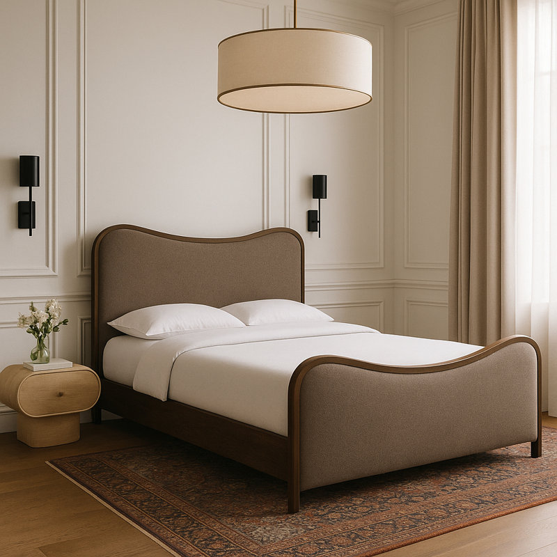 Lit tapissier Arvada, Tissu texture lin brun / brossé noyer, Grand
