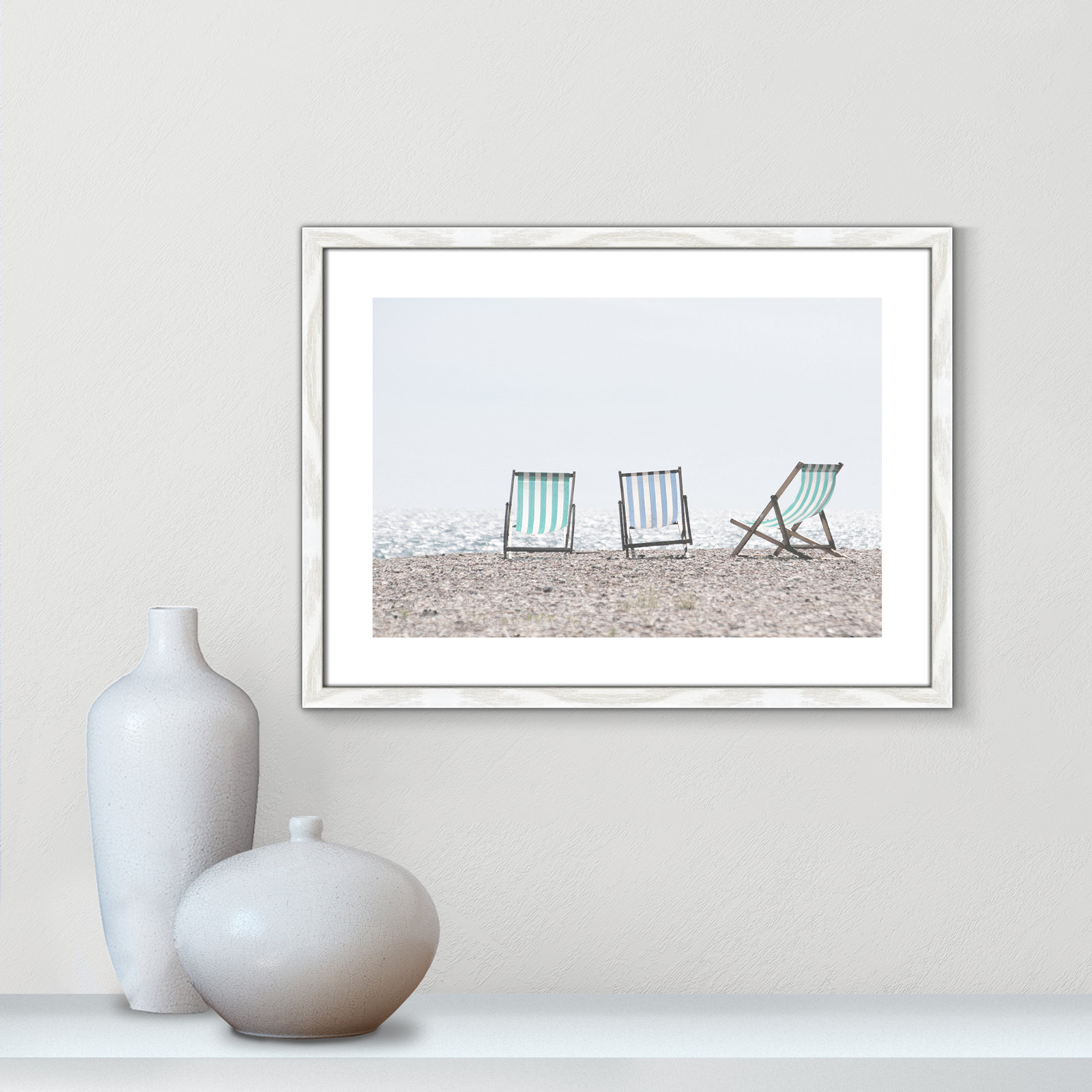 Beach Chairs - Photograph Print, 17" H x 23" W x 0.75" D, White Wood Grain Framed Paper