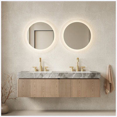 Meuble-lavabo suspendu double lavabo de 60 po, armoire de rangement avec 2 tiroirs et portes, comptoir en pierre frittée et 2 lavabos en céramique, aspect bois Heidelberg, préassemblé