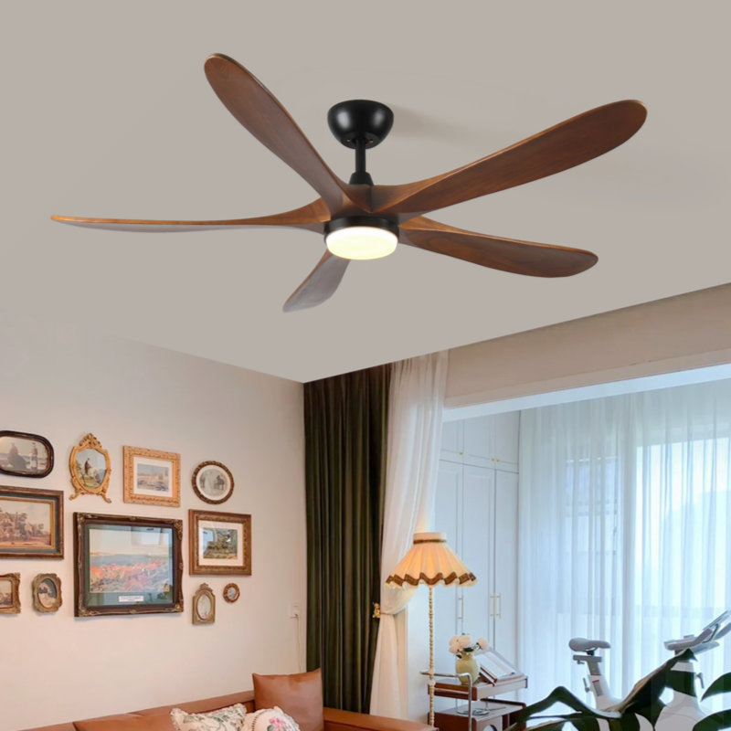 Ventilateur de plafond 5 pales en bois massif 52 pouces, 52 po de largeur, Noyer