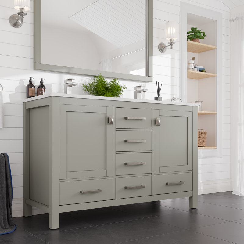 Meuble-lavabo double l 48 po x P 18 po Eviva London avec comptoir en quartz de Carrare et lavabos en porcelaine encastrable