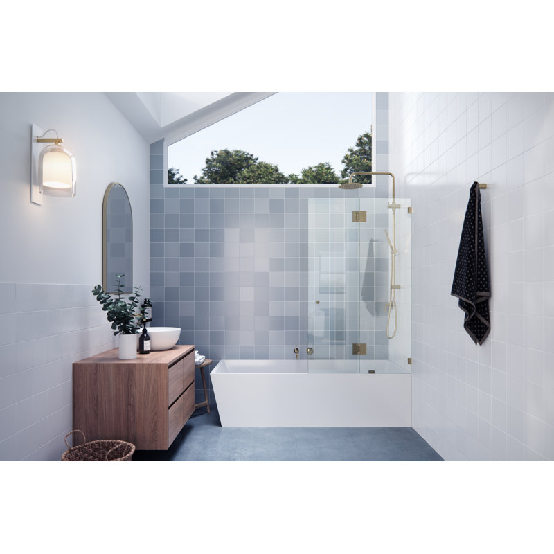 34" W. x 58.25" H in. Frameless Glass Hinged Bathtub Door, Polished Brass