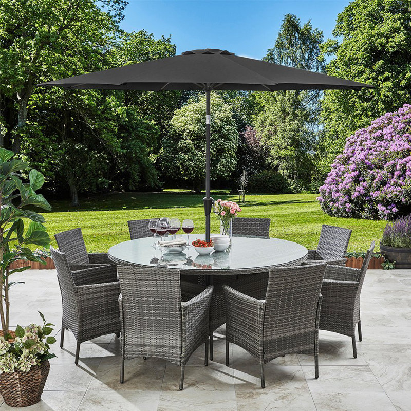 Dubose Round 10 - Piece 8 - Person 165Cm L Rattan Outdoor Table Set & Parasol, Grey