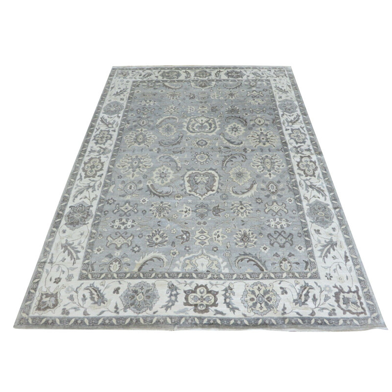 Tapis unique en soie noué à la main gris / ivoire 9 pi x 12 pi Broadhurst
