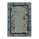 Rug & Kilim’S Chinese Art Deco Rug In Green With Blue Floral Patterns