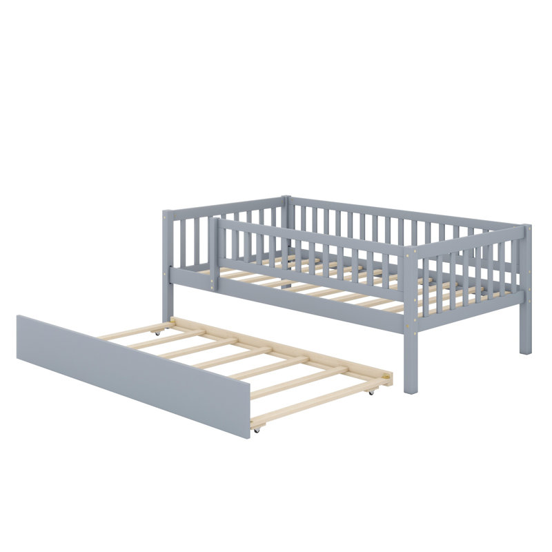Wood Daybed With Trundle And Fence Guardrails, Gray
