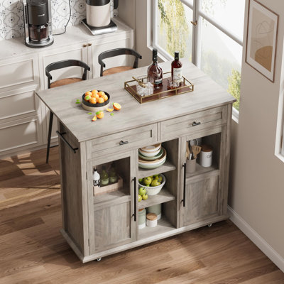 Mobile Modern Storage Island,Rolling Kitchen Island with Drop Leaf - Door Cabinet, Drawer, Bar Cart with Cabinet, Kitchen Cart Island Table for Kitche by Ebern Designs