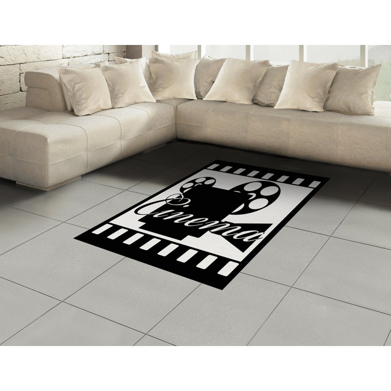 Ambesonne Movie Theatre Area Rug, Monochrome Cinema Projector Inside A Strip Frame Abstract Geometric Pattern, Flat Woven Accent Rug For Living Room Bedroom Dining Room, 4 X 5.7 Ft, Black White