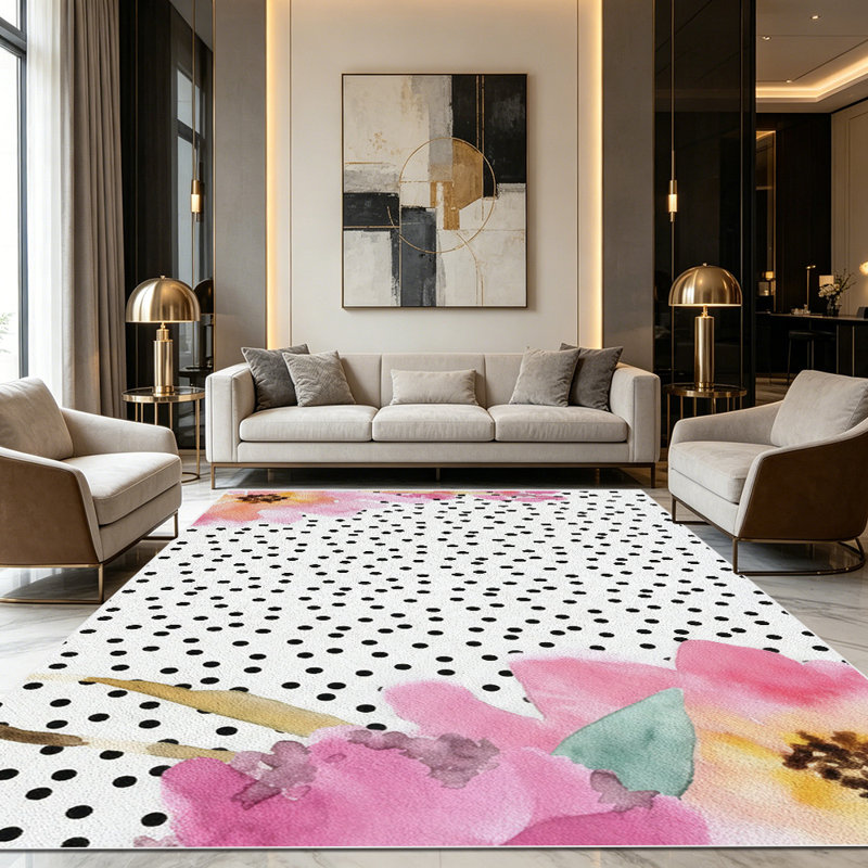 1PC Black Polka Dot Watercolor Pink Floral area rugs for Living Room, Soft, All seasons, Easy-maintain, Washable Indoor mat, Farmhouse suitable for dining table, bedroom, kitchen, entryway, backyard patio, home office, Home Decor, Outdoor Decor.